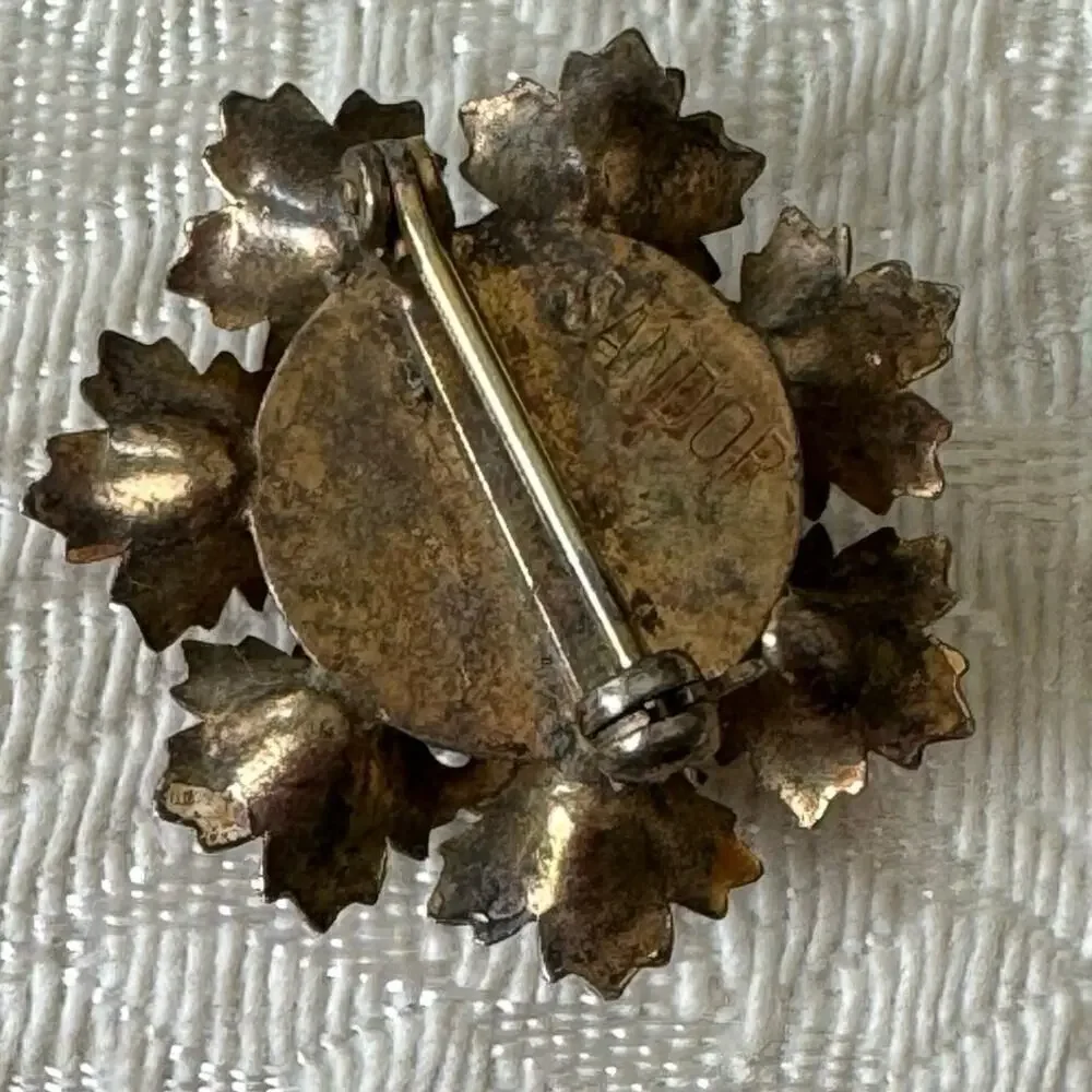 1940’s SANDOR Signed Small Antique Flower Brooch Sea Blue and Clear Rhinestones